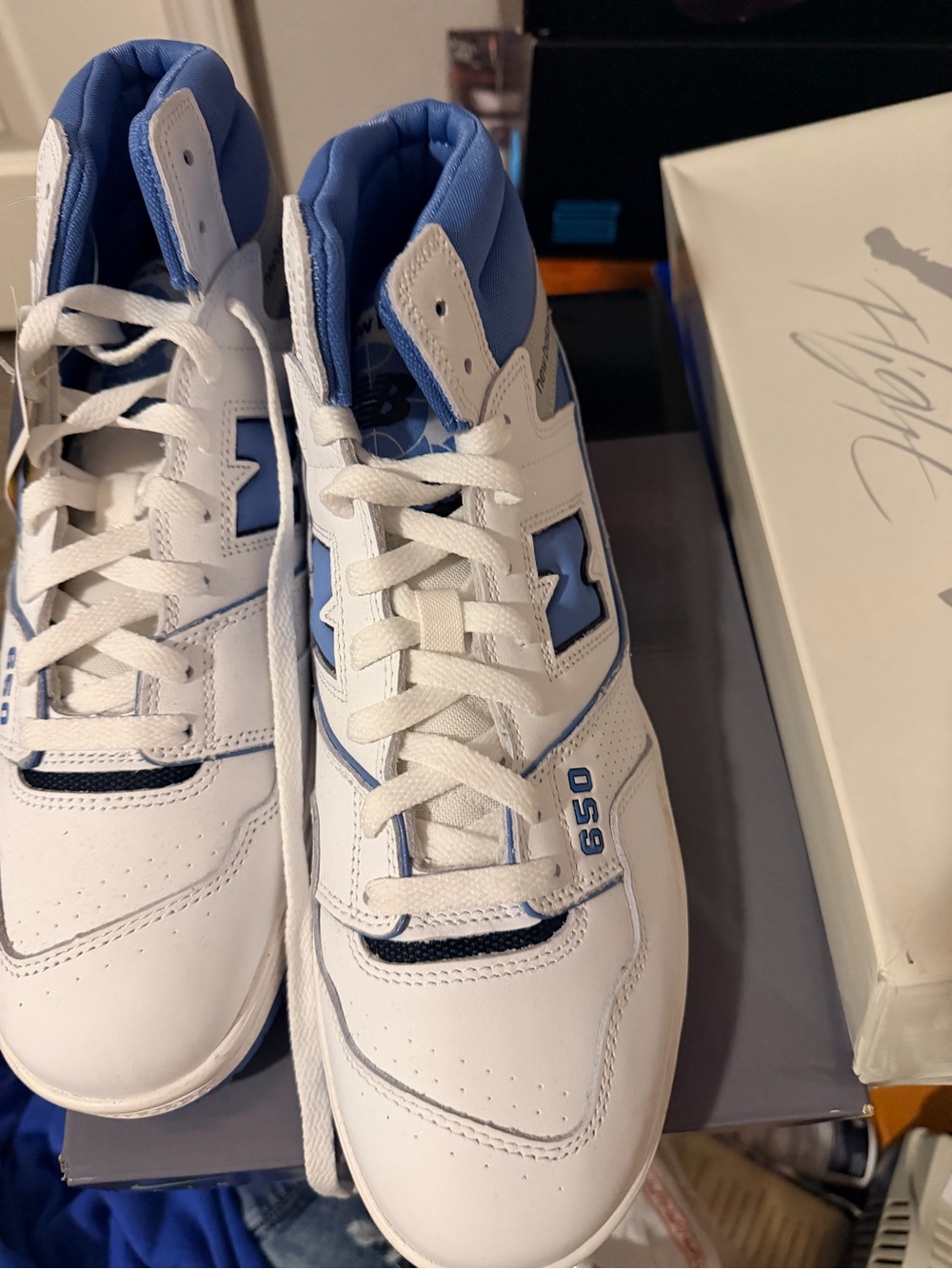 New Balance White and Light Blue 650 Sneakers